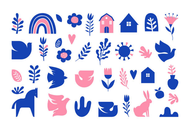 Nordic folk graphic elements and icons collection Nordic folk icons collection with animals, birds and floral elements rabbit game meat stock illustrations