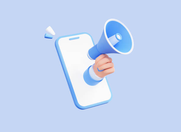istock 3D Cartoon Hand hold Megaphone from screen mobile phone. Smartphone and loudspeaker icon isolated on blue background. Social media marketing and promotion. Announce notification. 3D Rendering 1395254056