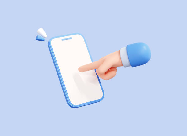 istock 3D Mobile phone with touch or press of finger on blank screen. Hand using phone screen mockup. Cartoon smartphone and male hand. Isolated icon on blue background. 3D Rendering 1395254058