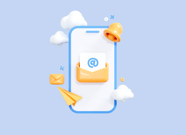 Subscribe to newsletter. 3D cartoon mobile phone with letter in envelope on smartphone screen. Email marketing concept. Mail notification. Online social network. Web Business Banner. 3D Rendering stock photo