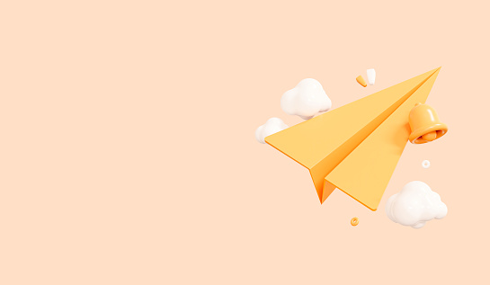 3D Cartoon Paper Airplane with bell and clouds. Email marketing and online promotion concept. Banner template isolated on background with empty copy space. Realistic elements design. 3D Rendering