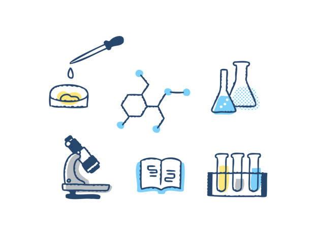 ilustrações, clipart, desenhos animados e ícones de um conjunto de itens relacionados à ciência e experimento - microscope medical exam healthcare and medicine science