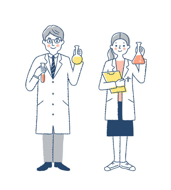 ilustraciones, imágenes clip art, dibujos animados e iconos de stock de científicos hombres y mujeres - tecnólogo médico