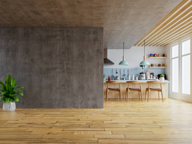 istock Mockup concrete wall in kitchen style house with accessories in the room. 1395257516