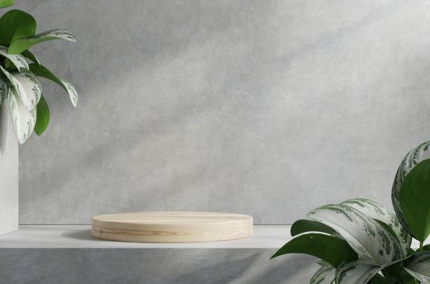 istock Wooden podium for product display on cement background. 1395257558