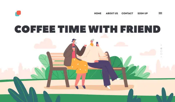 Vector illustration of Coffee Time with Friend Landing Page Template. Old Women Outdoor Sparetime. Senior Female Characters Sitting on Bench