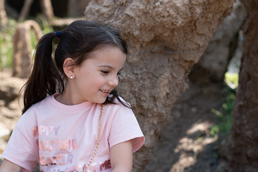 Little beautiful girl with pigtails smiling on the background of a stone wall