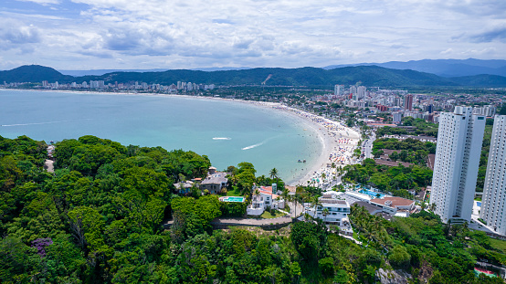 Aerial view of Enseada beach in Guarujá, Brazil. rocks and blue sea on the coast