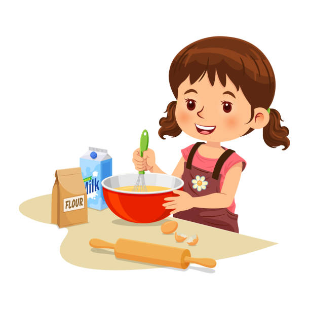 ilustraciones, imágenes clip art, dibujos animados e iconos de stock de una niña en un delantal está mezclando ingredientes y preparando masa en un tazón en el mostrador de la cocina. - baking food cookie breakfast