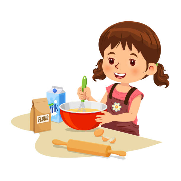앞치마에있는 어린 소녀가 재료를 섞고 부엌 카운터의 그릇에 반죽을 준비하고 있습니다. - mixing table stock illustrations