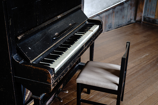 Old piano on abandoned Japanese elementary school