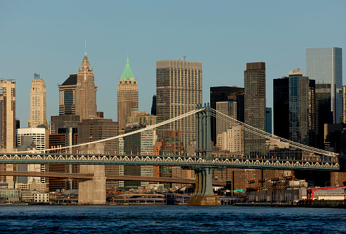 View towards lower Manhattan and bridges in New York City.