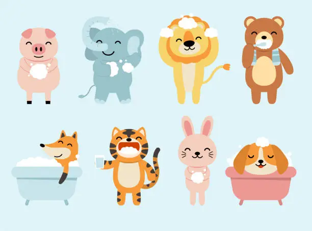 Vector illustration of Big set of isolated animals. Vector collection of activity, bathing, funny animals. Cute animals: cat, rabbit, fox, dog, lion, elephant, pig, bear in cartoon style.