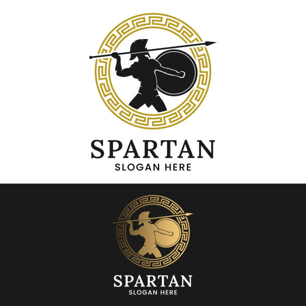 spartan hero achilles ares griechische mythologie logo design vorlage - achilleus stock-grafiken, -clipart, -cartoons und -symbole