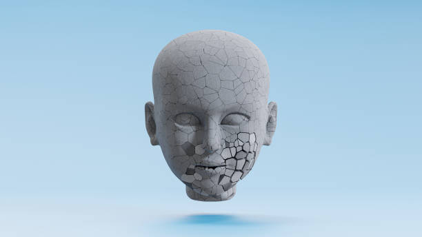 istock Human face made of cement have cracking appearance on blue background. 1395271026