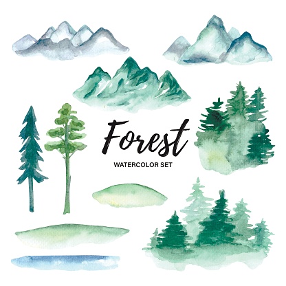 Watercolor green forest set. Hand-drawn hills and trees. High quality photo