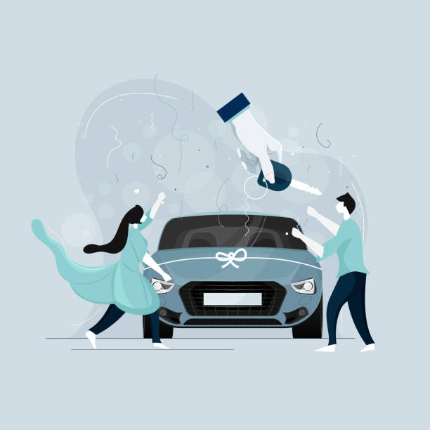 Excited Spouses buying new car, Car rent sell service concept Excited Spouses buying new car, Car rent sell service concept stock illustration car sales stock illustrations