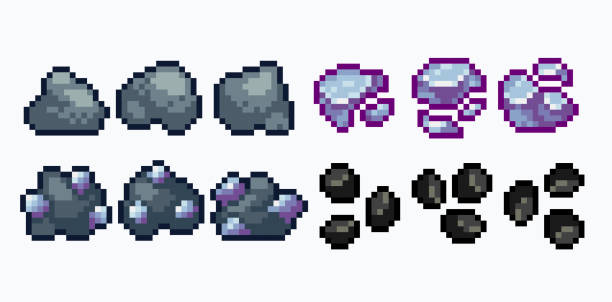 illustrations, cliparts, dessins animés et icônes de ensemble de pixel art de dépôts rocheux et minéraux. collection de pépites et de pièces de minerai. sprite 8 bits. charbon de bois, charbon et fer. - rock quarry