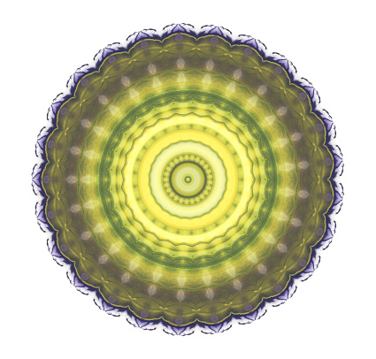 Isolated on white yellow, green and brown watercolor painted round kaleidoscopic canvas. Fine abstract multicolor symmetric circle painting. Artistic multicolored watercolour drawn mandala.