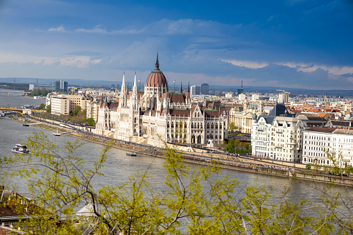 Hungarian parliament, embankment of Danube river, Budapest, Hungary, Europe