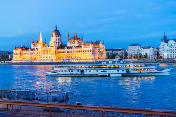 Hungarian parliament, embankment of Danube river, Budapest, Hungary, Europe stock photo