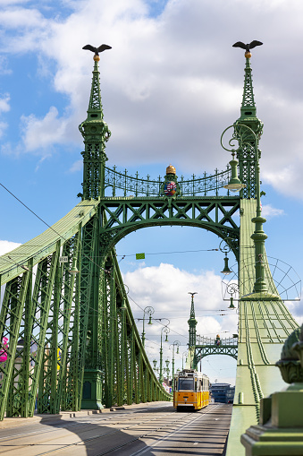 Tram on Liberty Bridge or Freedom Bridge, Budapest, Hungary, Europe