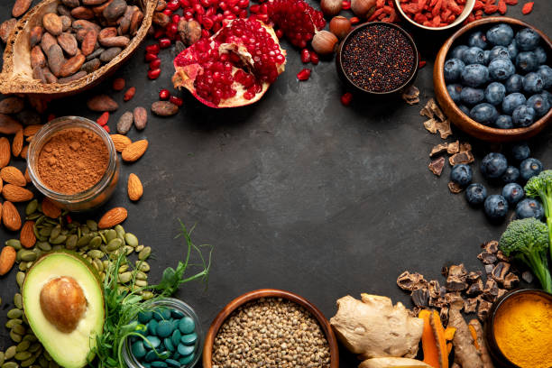 istock Healthy food clean eating selection on dark background. 1395277977