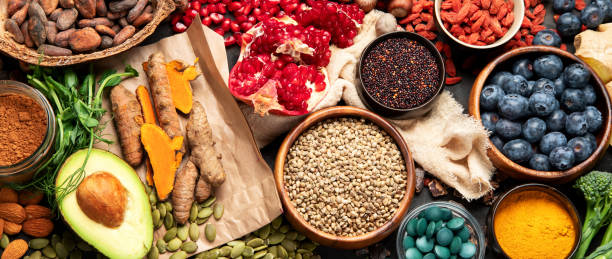 istock Healthy food clean eating selection on dark background. 1395277978