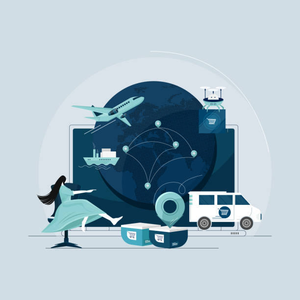 Global Logistic and transportation business, Import Export network and warehouse concept Delivery service concept. Container cargo ship loading, truck loader, warehouse, van. Flat style vector illustration. stock illustration global logistics infographic stock illustrations