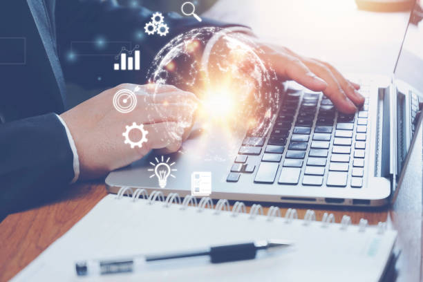 istock Business global internet connection application technology and digital marketing, Businessman using laptop computer. digital technology development.Financial and banking, Digital link tech, big data. 1395281982