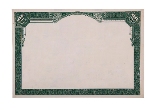 blank actual certificate with elegant border. vintage certificate or share certificate for copy space
