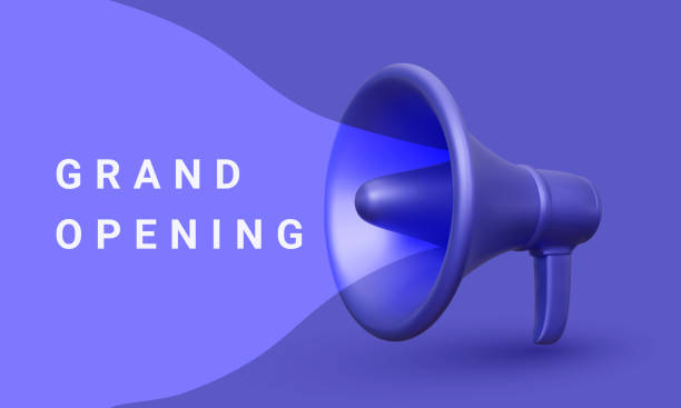 3d realistic blue plastic megaphone marketing concept. Grand opening. Vector illustration 3d realistic blue plastic megaphone marketing concept. Grand opening. Vector illustration. loudon stock illustrations