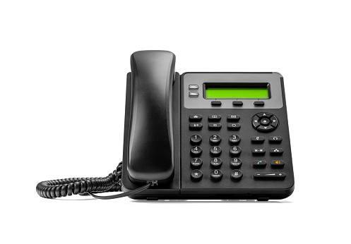 Telephone with VOIP isolated on white background. Office landlane telephone device. customer service support, call center concept. Modern Phone VoIP. front view