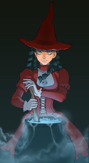 Anime style red-clad witch with cauldron.  Originally illustrated for local event.  Now open for public use.