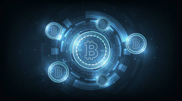 Bitcoin digital currency design. Bitcoin digital currency design.Vector bitcoin currency coin on Dark Blue background.vector illustration. bitcoin stock illustrations