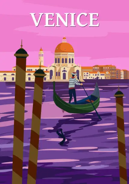 Vector illustration of Venice Italia Poster retro style. Grand Canal, gondolier, architecture, vintage card. Vector illustration postcard