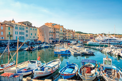 July 2021 -  St Tropez, France - Harbor of the St Tropez Village on the French Riviera