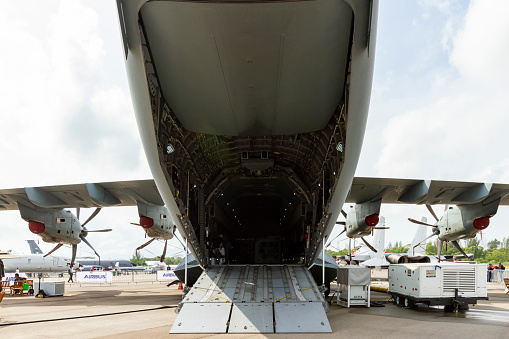Changi Airport, Singapore - February 12, 2020 : Airbus A400M Military Transport Aircraft Open Cargo Floor On Display In Singapore Airshow.