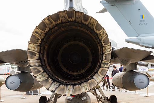 Changi Airport, Singapore - February 12, 2020 : Jet Engines Of F-16 Fighting Falcon Fighter Jet On Display In Singapore Airshow.