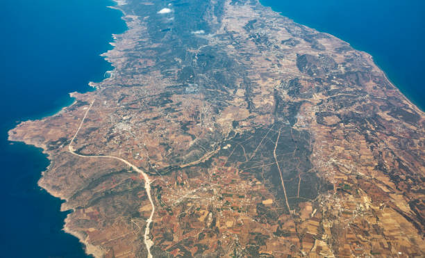 Aerial view over Agios Andronikos village on the Karpass Peninsula in Cyprus. It is under the de facto control of Northern Cyprus.
