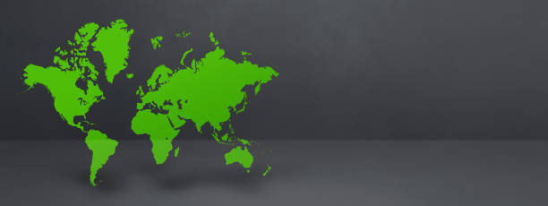 istock Green world map on black concrete wall background. 3D illustration. Horizontal banner 1395296070