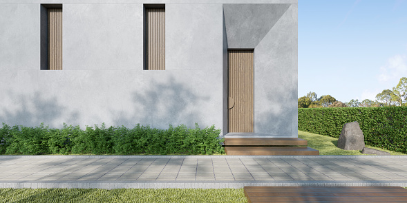 3d rendering of modern concrete building with large wooden entrance door.