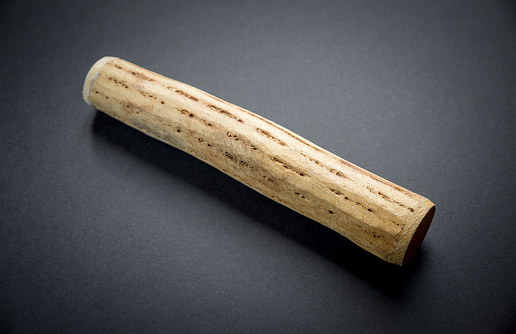 Traditional rain stick made of cactus wood isolated on black background