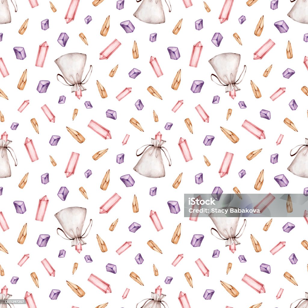 Amethyst Pattern Line Watercolor Hand Drawn Seamless Pattern With Crystals Gems Minerals ...