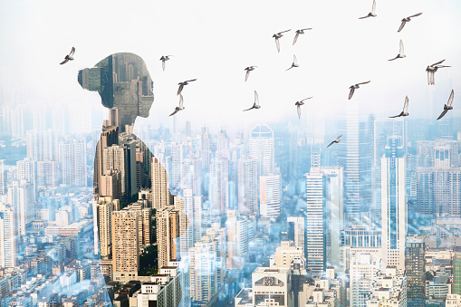 Chinese woman proudly looking at real estate industry progress in downtown city with birds, China