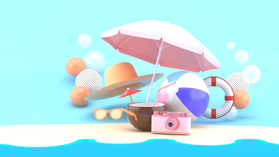 Coconut is surrounded by balls, cameras, glasses, hats, umbrellas and rubber rings on a blue background.-3d rendering.