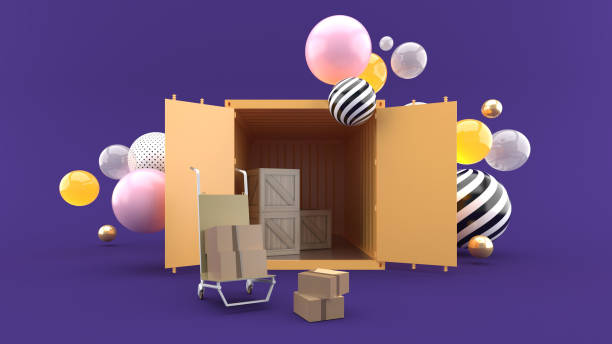 Wooden boxes and paper boxes are in containers amidst many colorful balls on a purple background.-3d rendering. Wooden boxes and paper boxes are in containers amidst many colorful balls on a purple background.-3d rendering. mark goodson screening room stock pictures, royalty-free photos & images