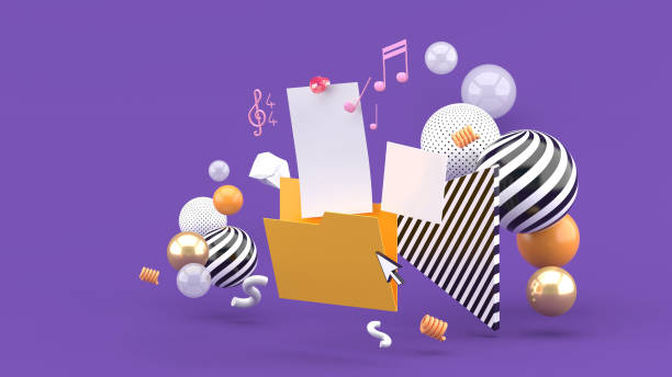 open folder files surrounded by paper sheets, pictures and music notes in colorful balls on a purple background.-3d rendering. - document exchanging sharing file imagens e fotografias de stock