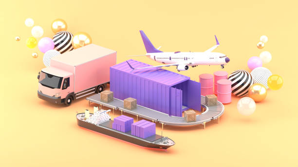 istock Containers are surrounded by planes, freight truck and cargo ships on an orange background.-3d rendering. 1395298521