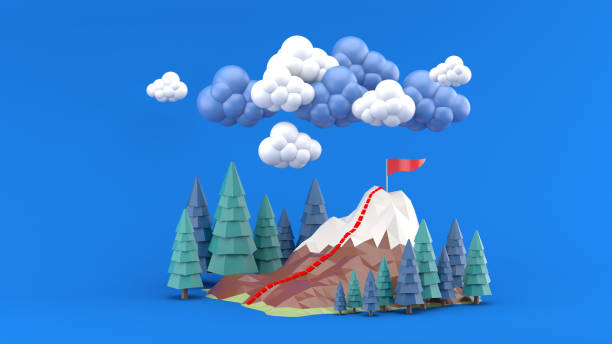 The mountains are surrounded by pine trees and clouds on a blue background.-3d rendering.
